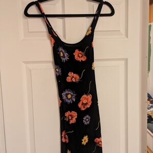 90s inspired vintage floral cross back black mini dress